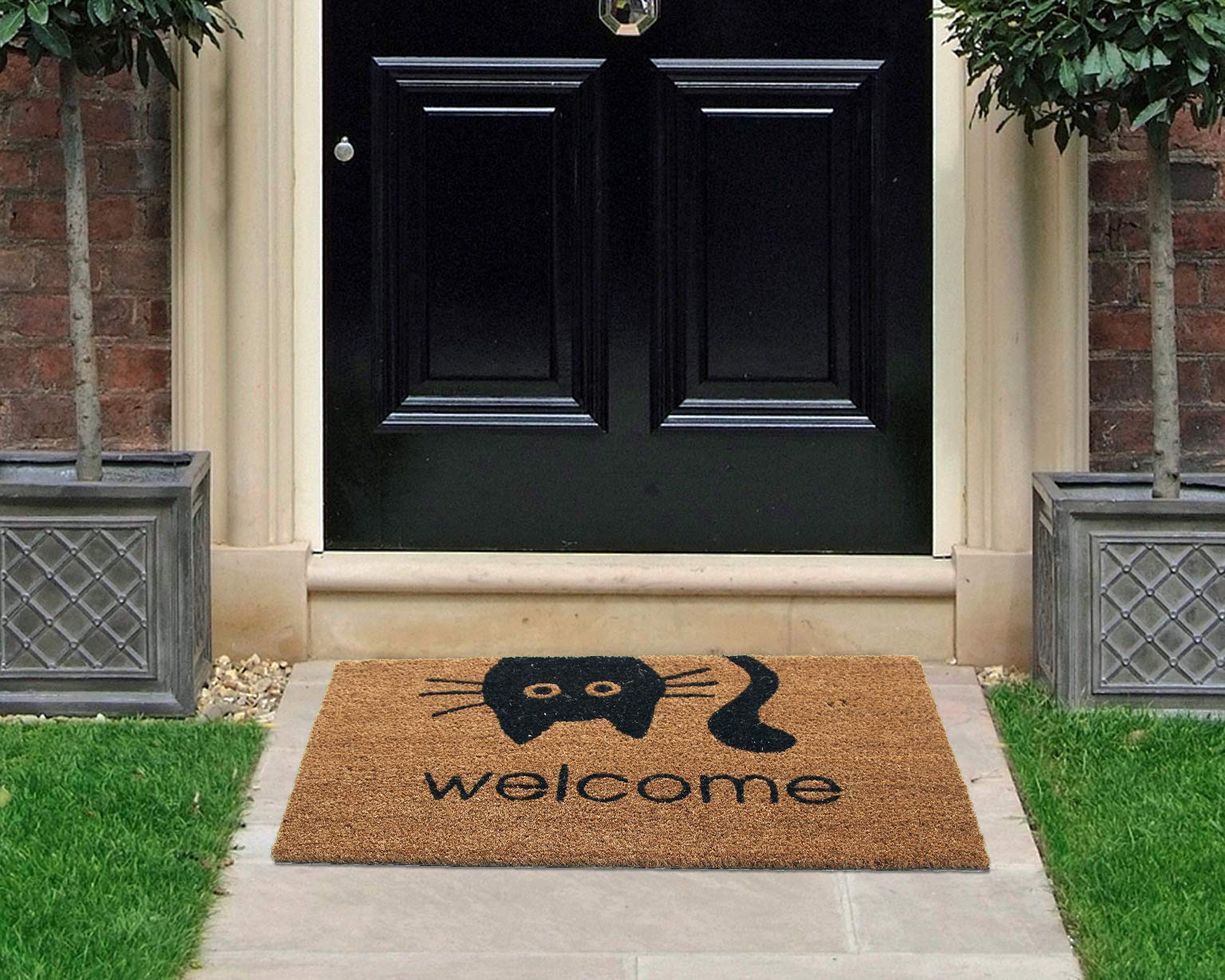 Coco&Coir Fancy | Natural Coir | Printed | Shaped| Latex Backed Door Mat (Meow Welcome)