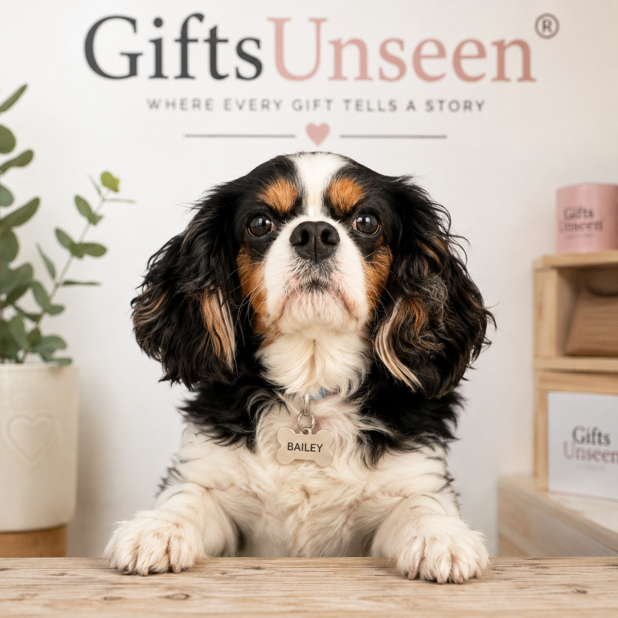 A small black, white, and tan dog sits at a wooden table in front of a white wall with the 'Gifts Unseen' logo. The dog has a personalized name tag that reads 'BAILEY'.