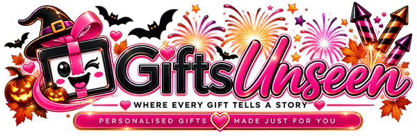 A festive promotional banner for 'Gifts Unseen' personalized gifts. The design features a smiling gift box wearing a witch hat, pumpkins, bats, fireworks, and autumn leaves, with the text 'Gifts Unseen' and 'Personalised Gifts Made Just For You'.