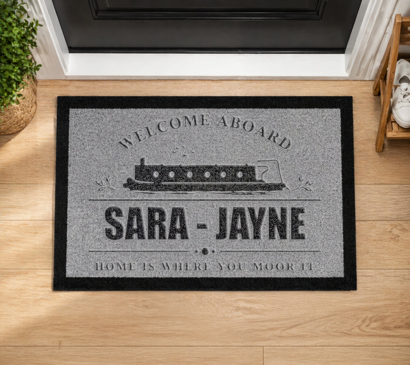 Boat Name Narrowboat Inspired Grey Doormat