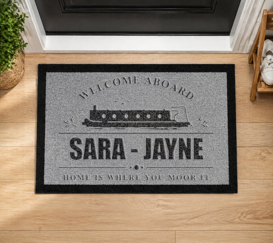 Boat Name Narrowboat Inspired Grey Doormat