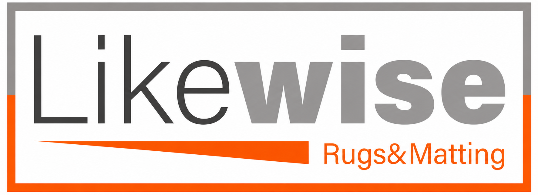 A logo-style graphic with the word 'Likewise' in large gray letters, 'Rugs&Matting' in orange text below, and orange and gray border lines on a white background.