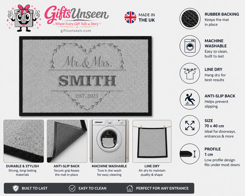 Mr & Mrs Established Personalised Inspired Grey Doormat