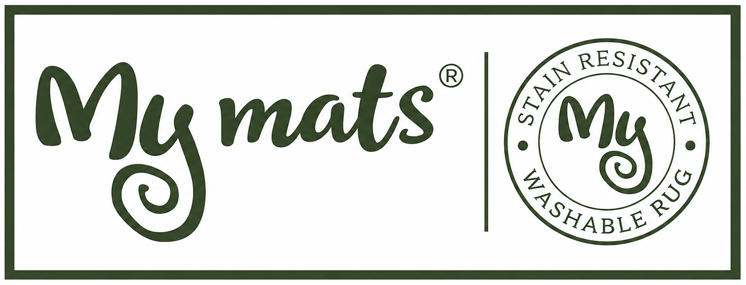 A white rectangular label with dark green text reading 'My mats' and a circular badge that says 'Stain Resistant Washable Rug'.
