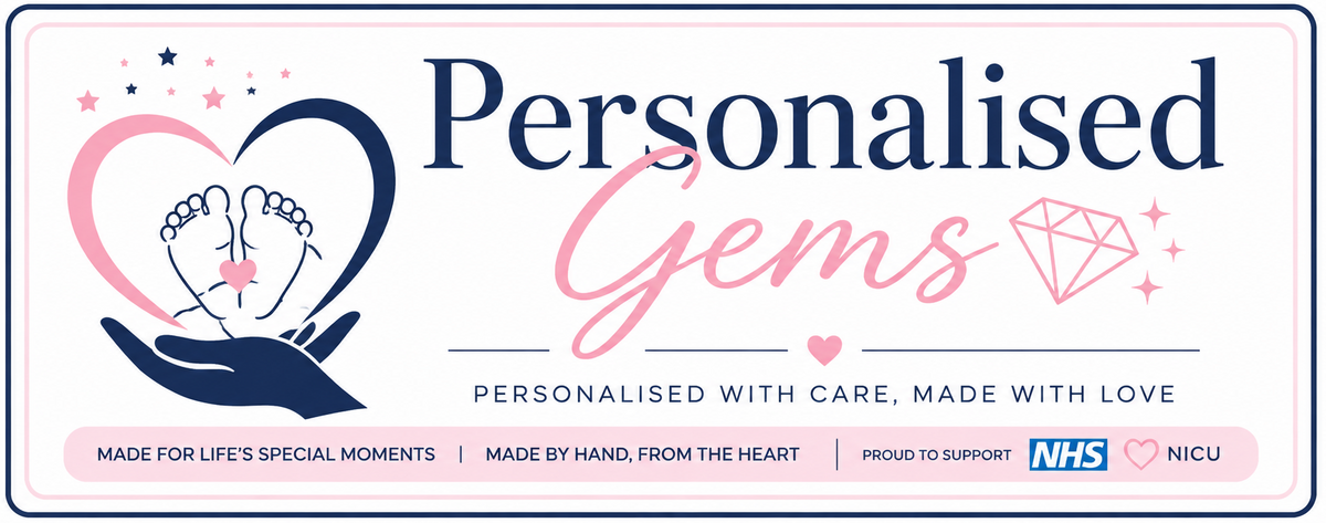 A square personalized memorial-style sign or print with rounded corners, featuring the words 'Personalised Gems' in navy and pink script, a pink and navy heart-and-hand graphic with baby feet, and small NHS / NICU support text along the bottom on a white background.