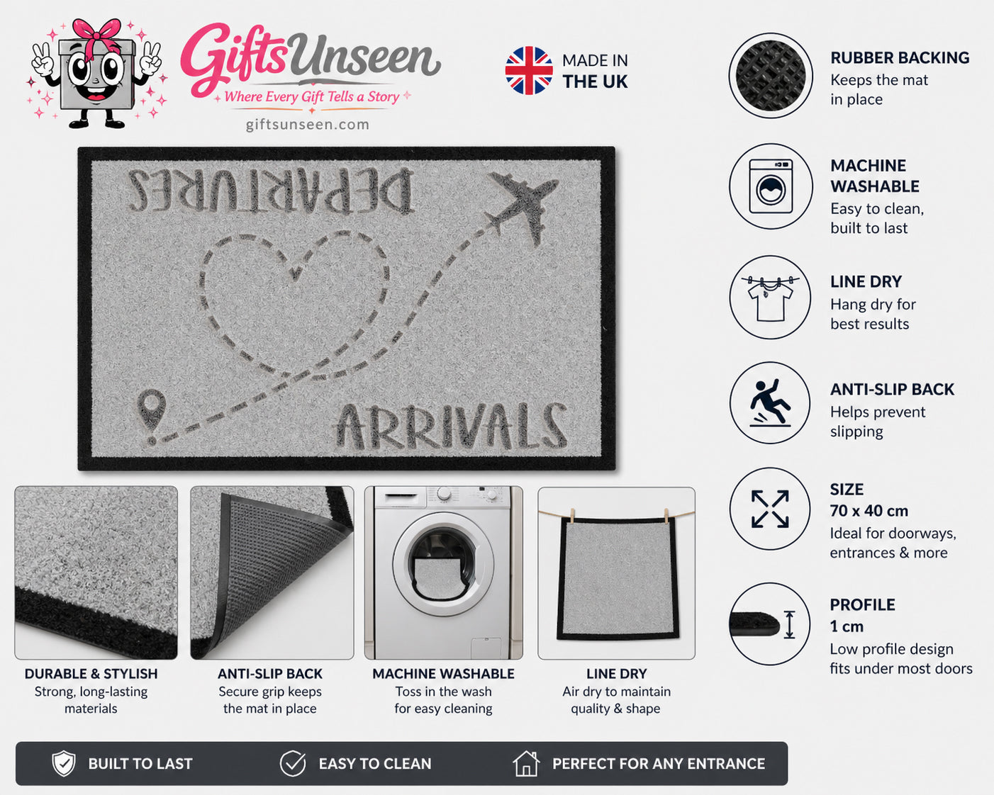 Arrival & Departures Heart Inspired Grey Doormat