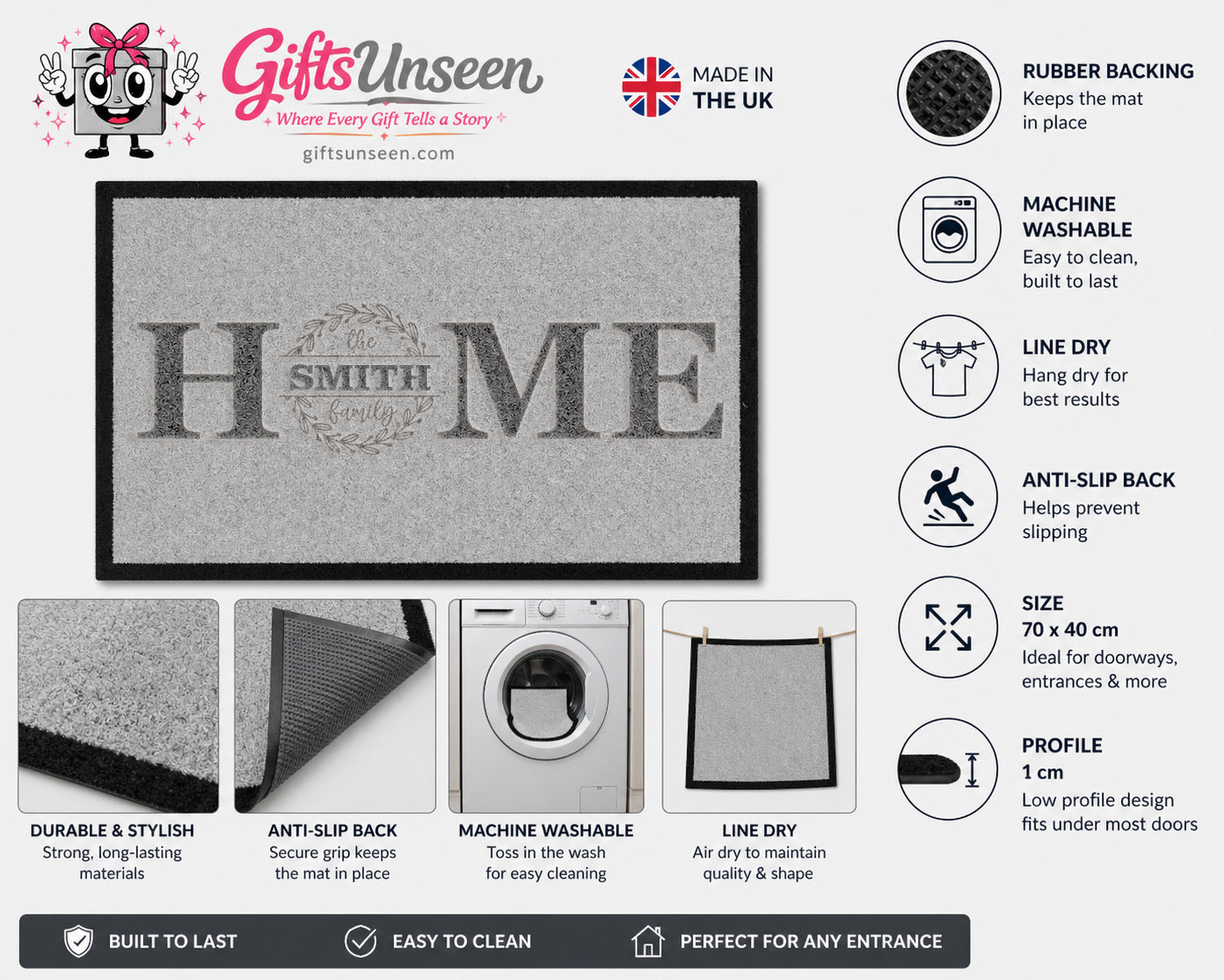Home Personalised Family Inspired Grey Doormat