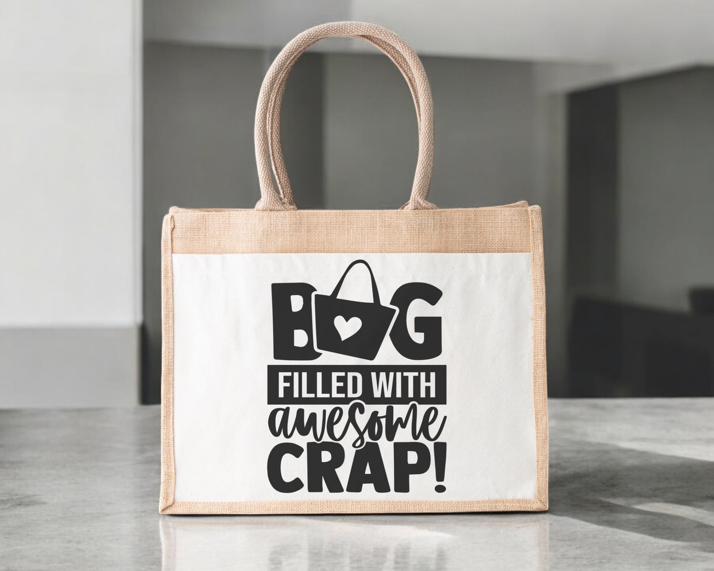 Jute Tote Bag Filled With Awesome Crap