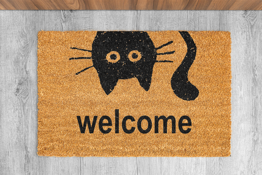 Coco&Coir Fancy | Natural Coir | Printed | Shaped| Latex Backed Door Mat (Meow Welcome)