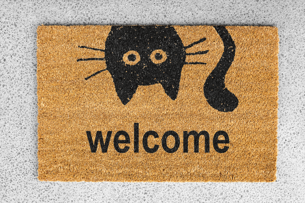 Coco&Coir Fancy | Natural Coir | Printed | Shaped| Latex Backed Door Mat (Meow Welcome)