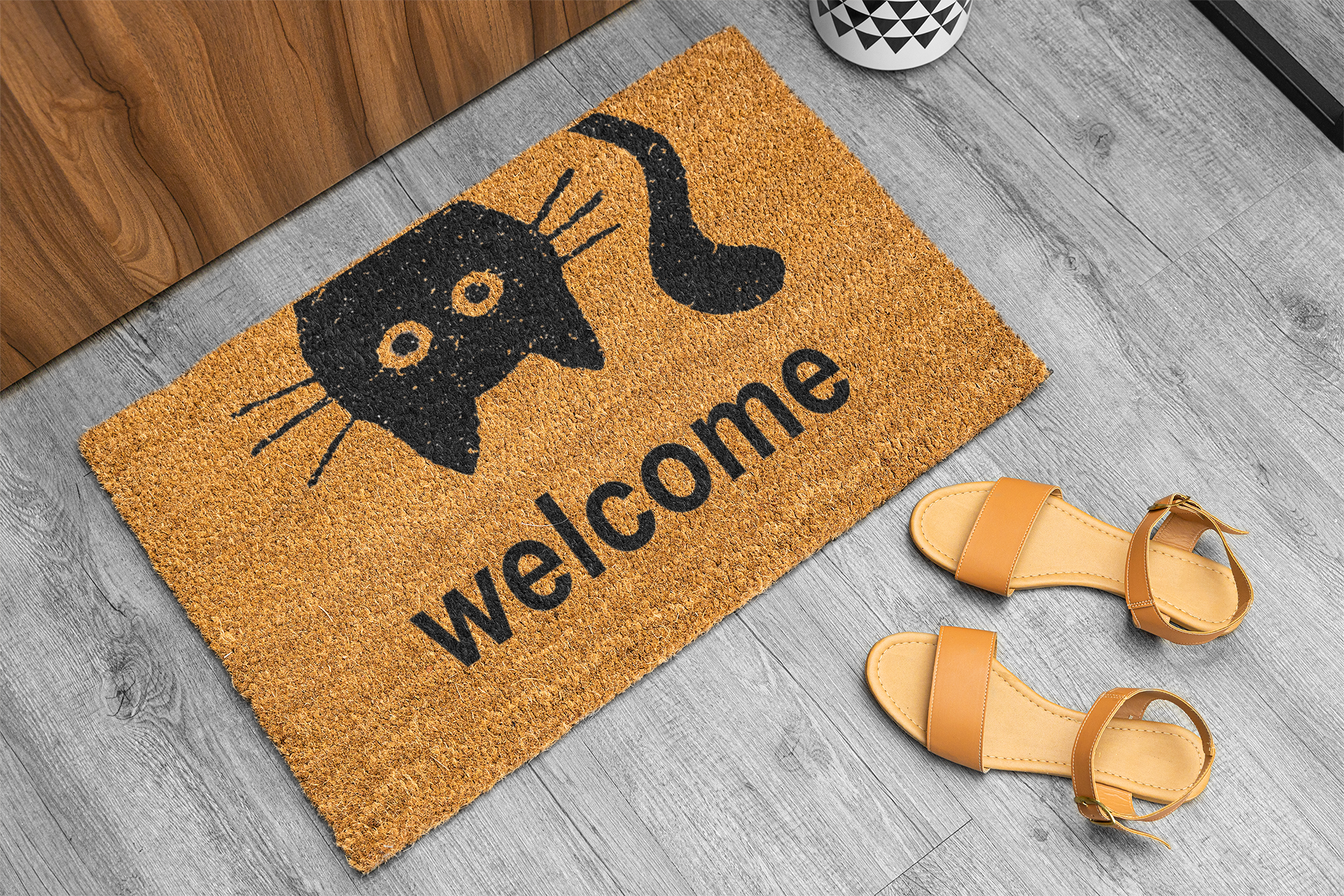 Coco&Coir Fancy | Natural Coir | Printed | Shaped| Latex Backed Door Mat (Meow Welcome)