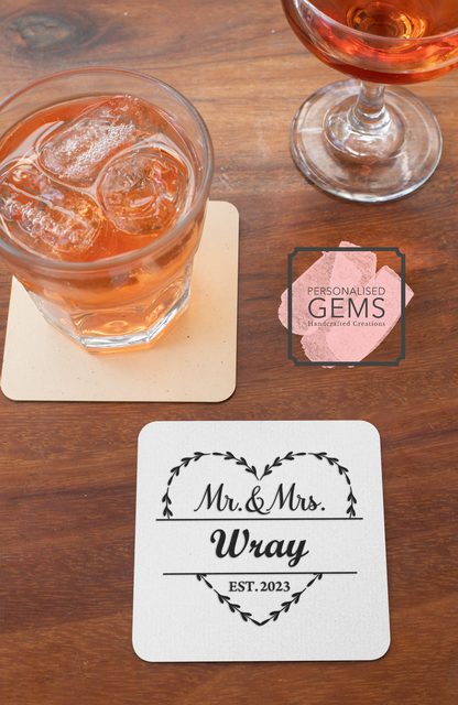 Personalised Coaster Mr & Mrs Heart Design