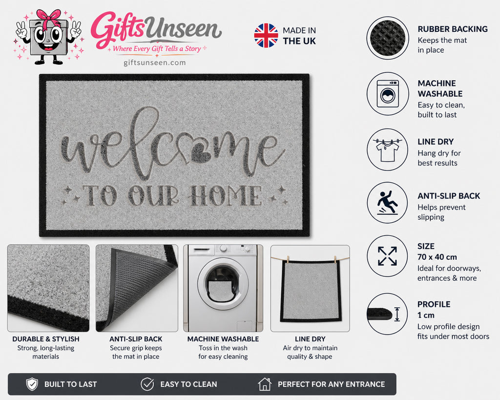 Welcome To our Home Heart Inspired Grey Doormat