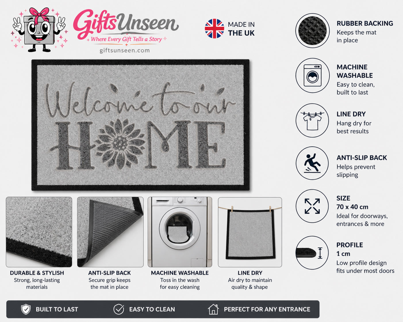 Welcome Home Flower Inspired Grey Doormat