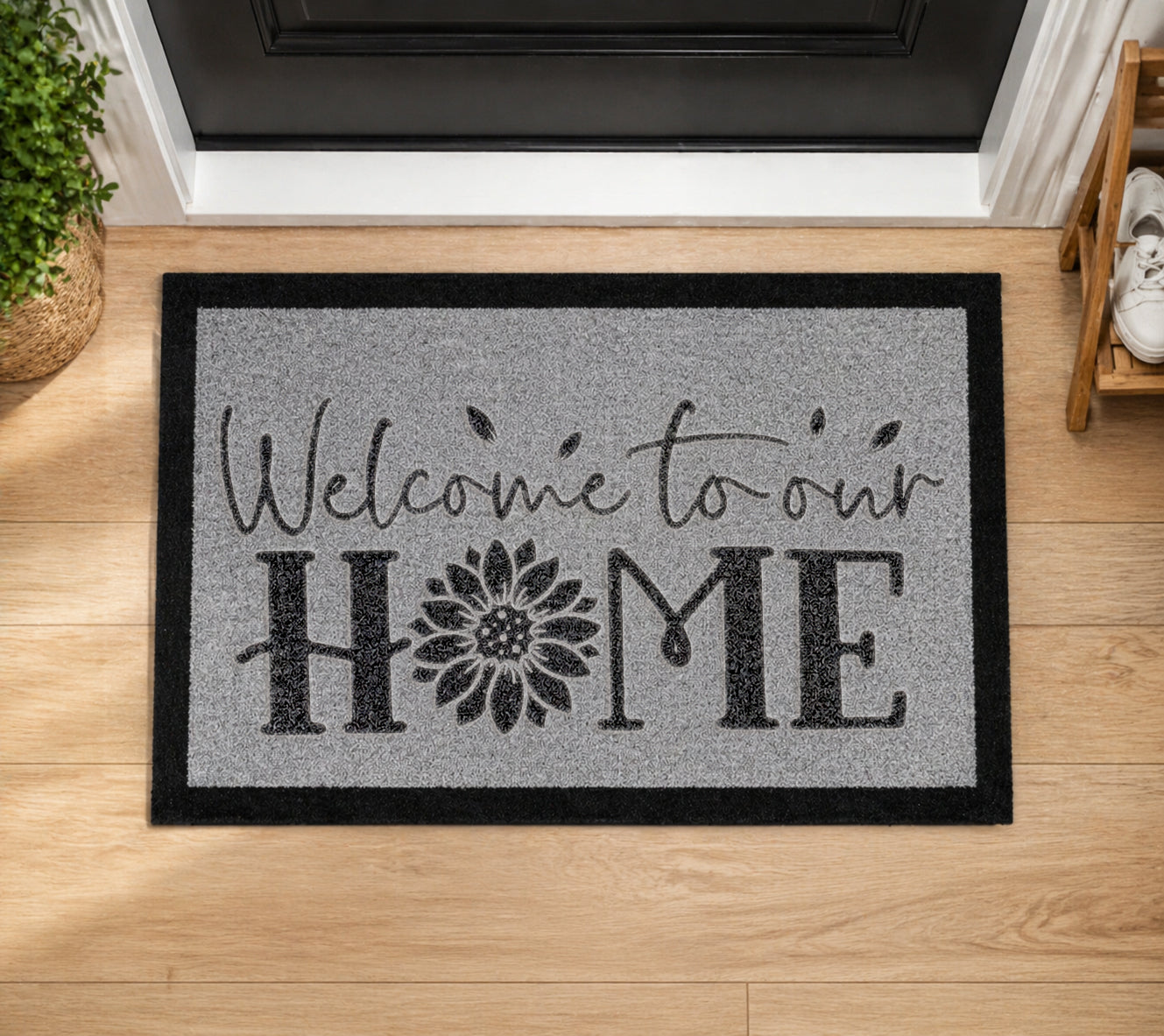 Welcome Home Flower Inspired Grey Doormat